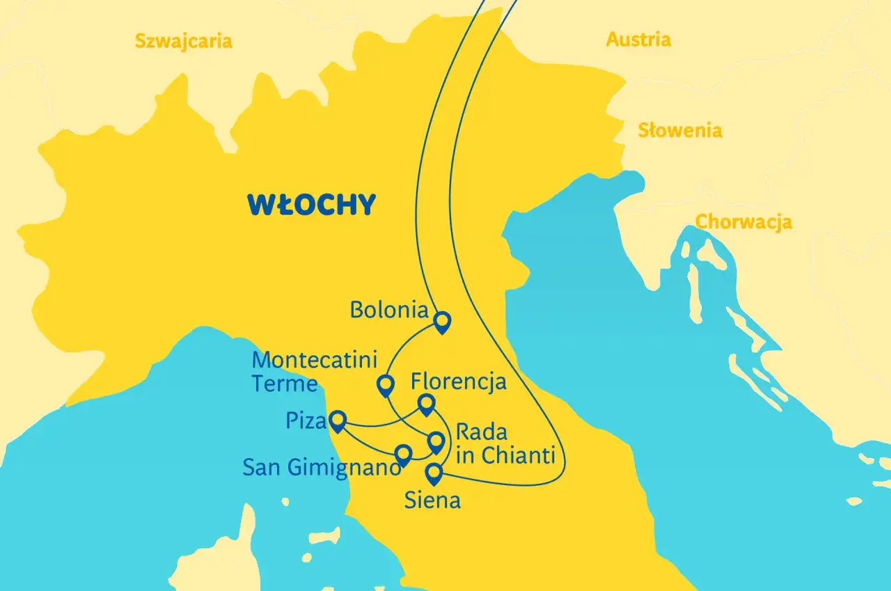 Mapa Włoch z zaznaczonymi miastami: Bolonia, Piza, Florencja, Siena. Trasa turystyczna obejmuje też Montecatini, San Gimignano i region Chianti.