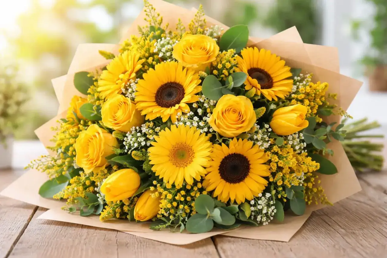 Un ramo de girasoles, rosas y tulipanes amarillos, un s&iacute;mbolo de la flor de la amistad, envuelto en papel marr&oacute;n.