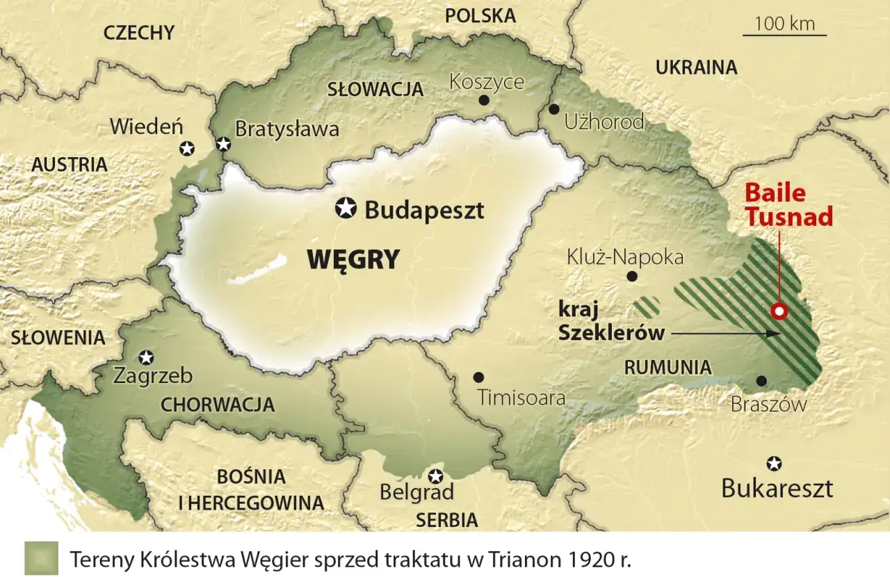 Mapa Węgier i krajów sąsiednich: Słowacja, Ukraina, Rumunia, Serbia, Chorwacja, Słowenia, Austria, Czechy.