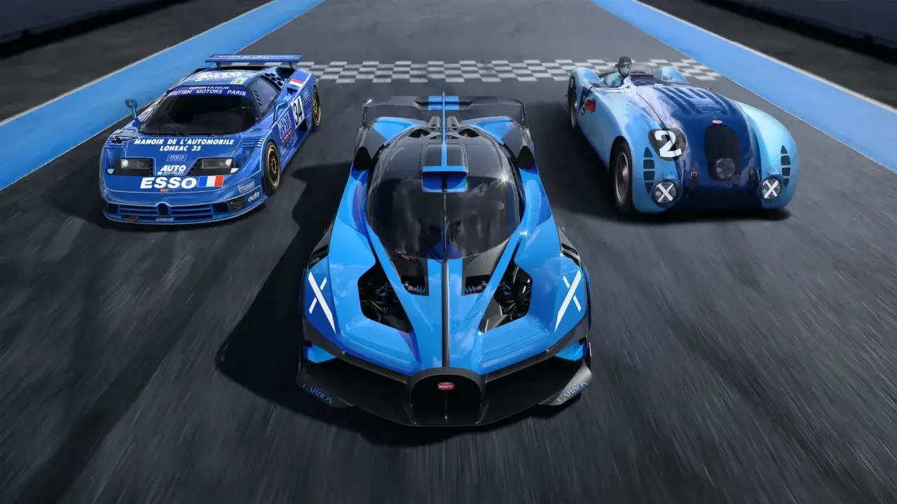 Bugatti Rimac logo z samochodami