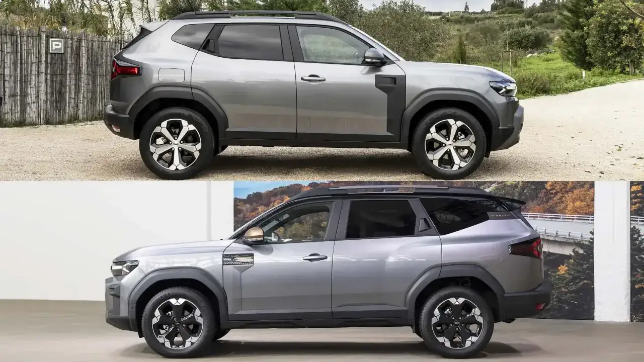 Due Dacia Duster grigie, una all'aperto e una in uno showroom, mostrano il design robusto della nuova Dacia Striker.