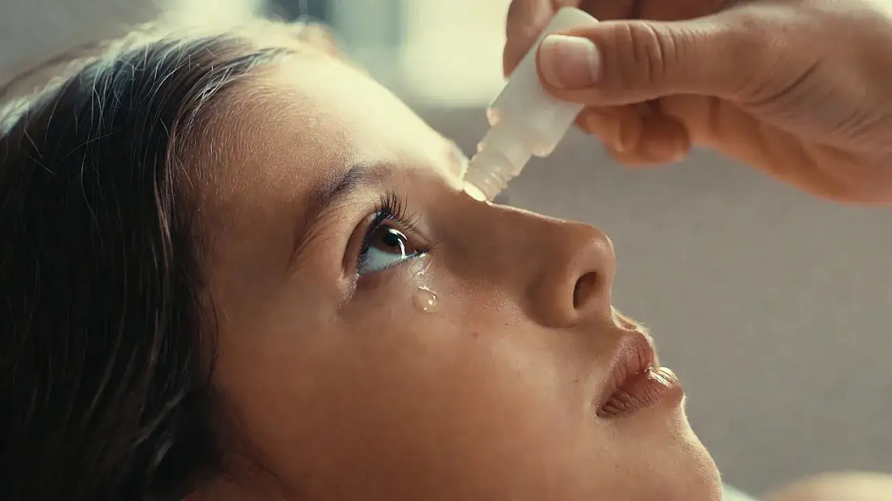 Un ni&ntilde;o recibe gotas para los ojos, quiz&aacute;s para tratar la conjuntivitis.