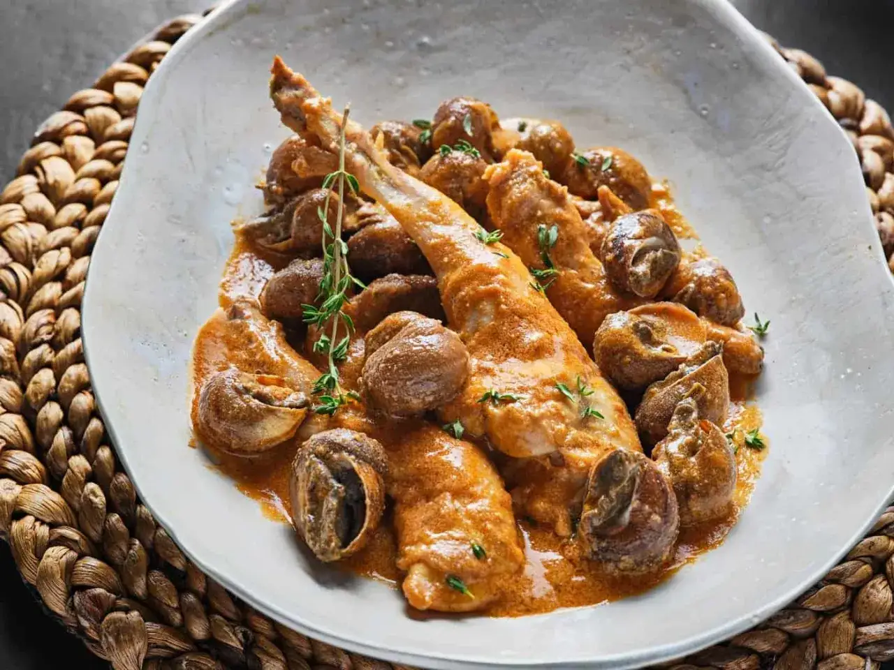 Delicioso conejo con caracoles en salsa cremosa, servido en un plato r&uacute;stico.