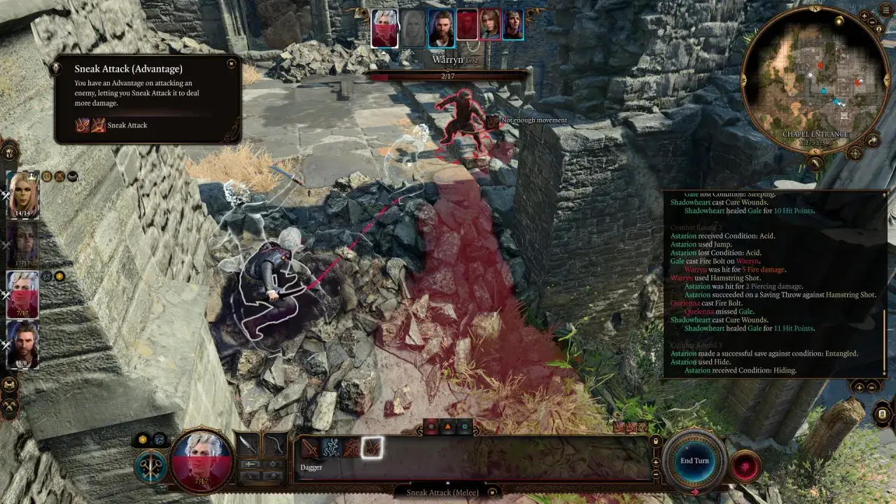 Combate en Baldur's Gate III: Astarion se prepara para un ataque furtivo, con el objetivo de infligir más daño.