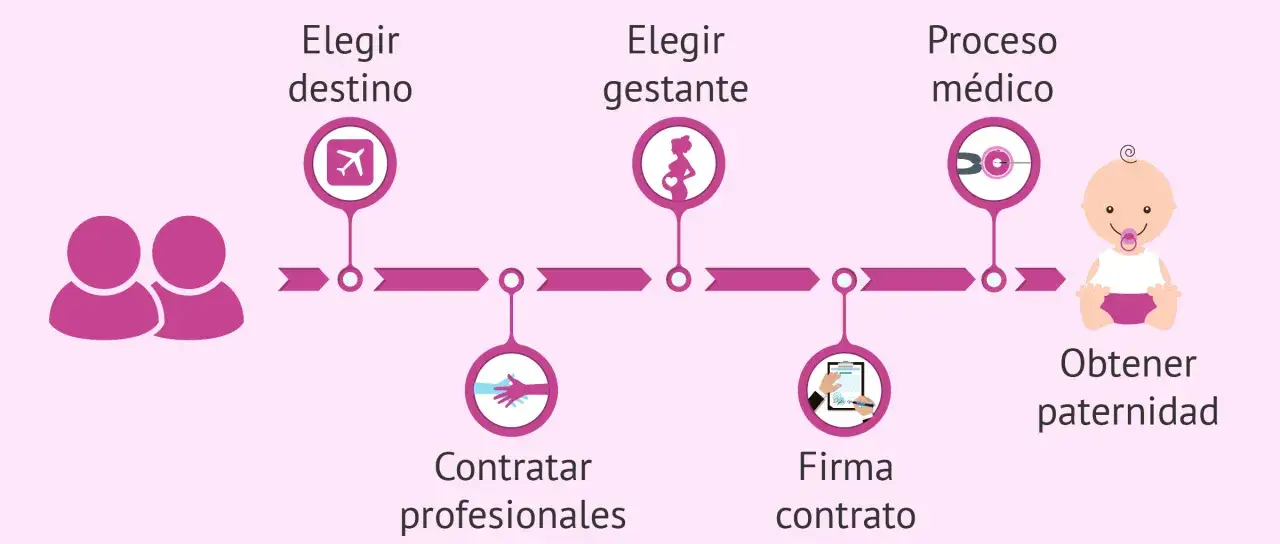 Proceso de gestaci&oacute;n subrogada: elegir destino, gestante, contratar profesionales, firmar contrato, proceso m&eacute;dico y obtener paternidad.