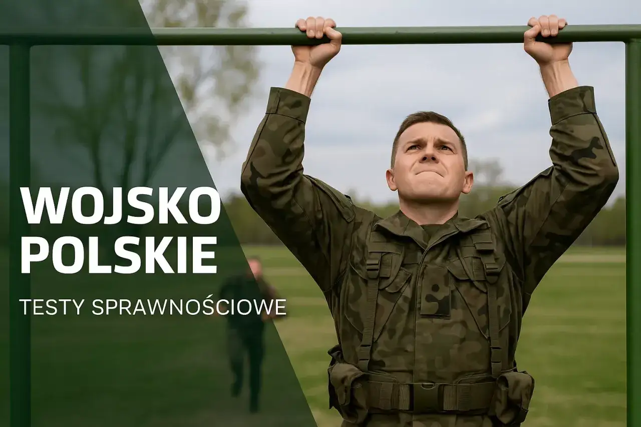 Żołnierz w mundurze wykonuje podciąganie na drążku podczas testów sprawnościowych. Praca w służbach mundurowych wymaga siły.