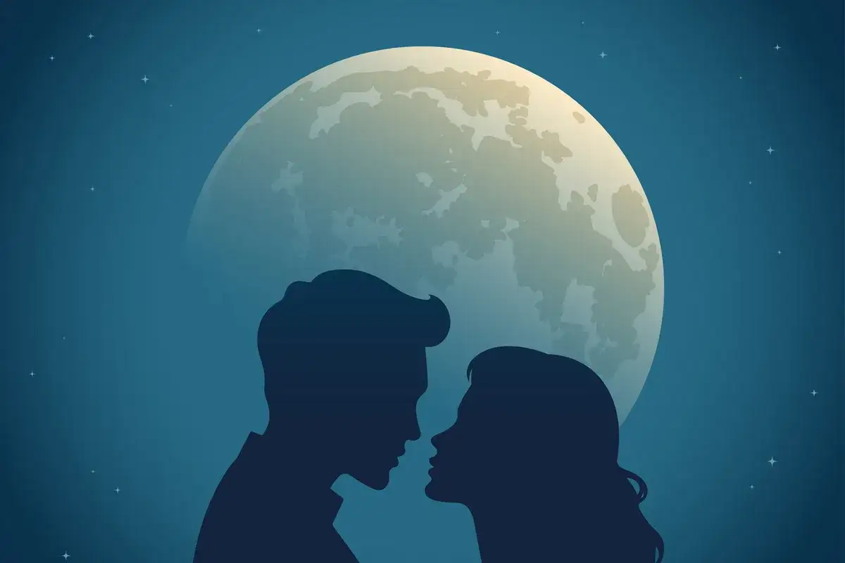 Sylwetki pary patrzą na siebie pod wielką księżycem. Idealny czas na romantyczny horoskop miłosny na weekend.