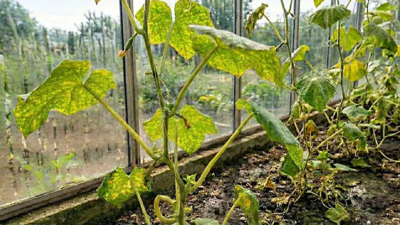 Gurkplantan i växthuset visar tecken på spinn på gurka. Bladen är fläckiga och gulnade, och några är redan torra.