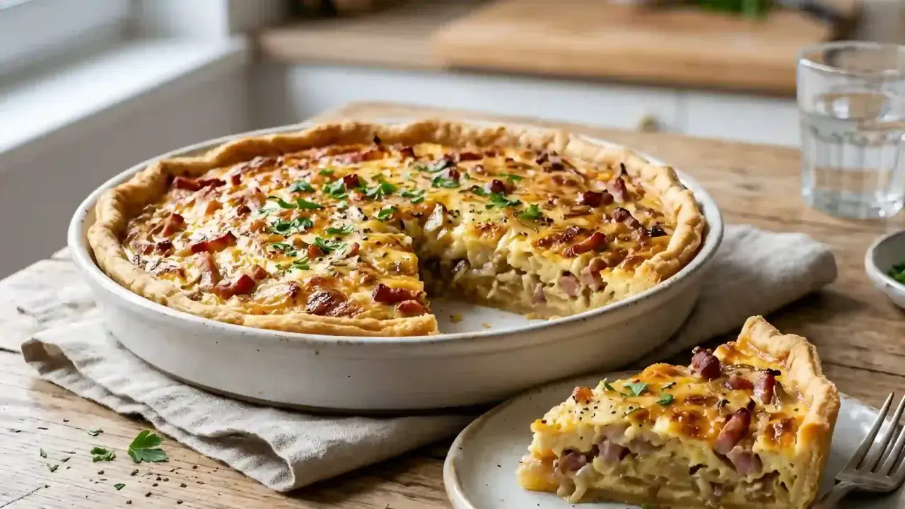 Une délicieuse quiche lorraine, prête à être dégustée. La vraie recette quiche lorraine, avec sa pâte dorée et sa garniture généreuse.