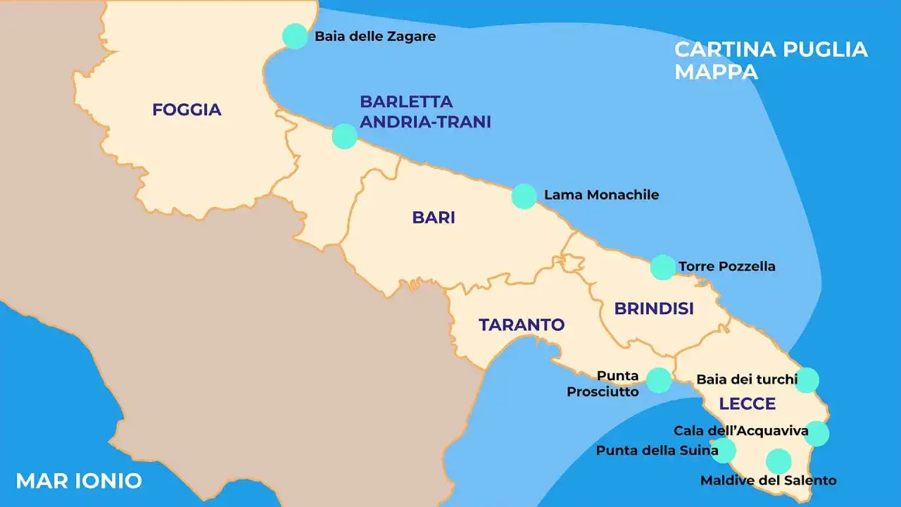 Mappa della Puglia, regione italiana con Foggia, Bari, Taranto, Lecce e coste sul Mar Ionio e Adriatico.