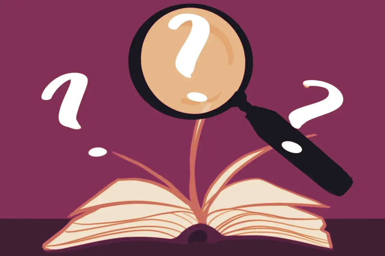 Un livre d'enquête ouvert, une loupe avec un point d'interrogation dessus, et des points d'interrogation flottants.