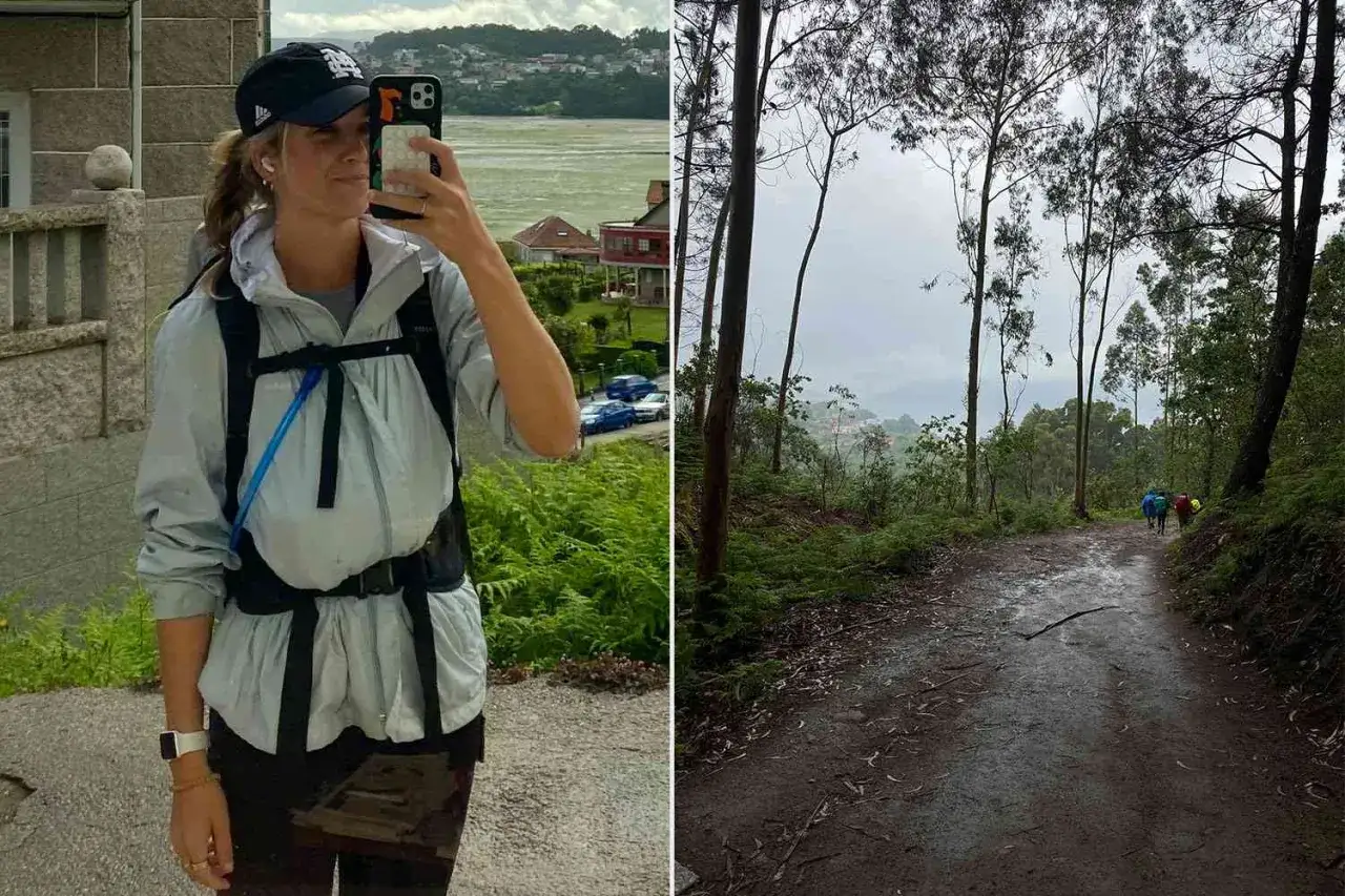Mariska van der Klis, klaar voor een pelgrimstocht, met op de achtergrond een dorp aan het water. Rechts een bosrijk pad met wandelaars.