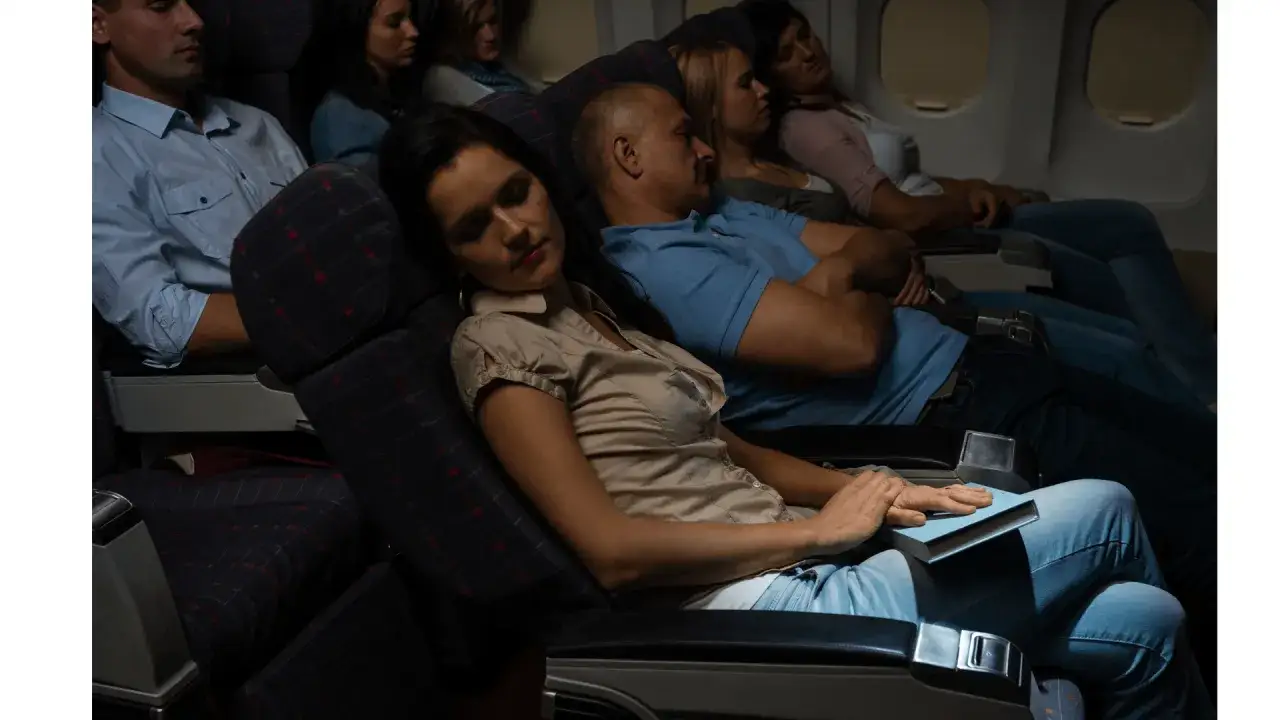 Menschen schlafen im Flugzeug, einige mit Büchern auf dem Schoß.