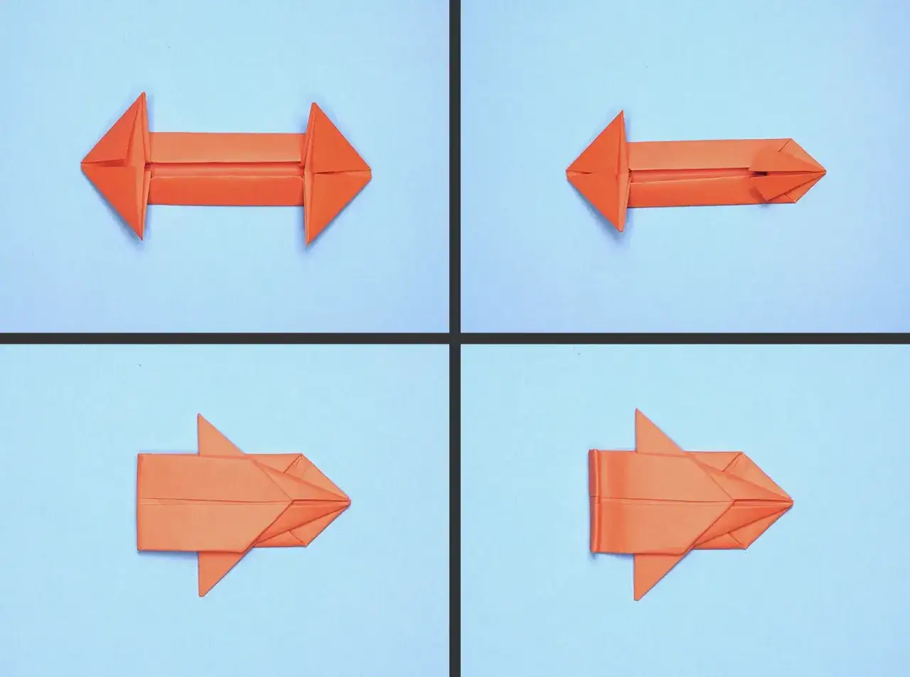 Vier Schritte einer komplexen Origami-Anleitung für einen Pfeil. Die orangefarbene Papierfigur wird schrittweise gefaltet.