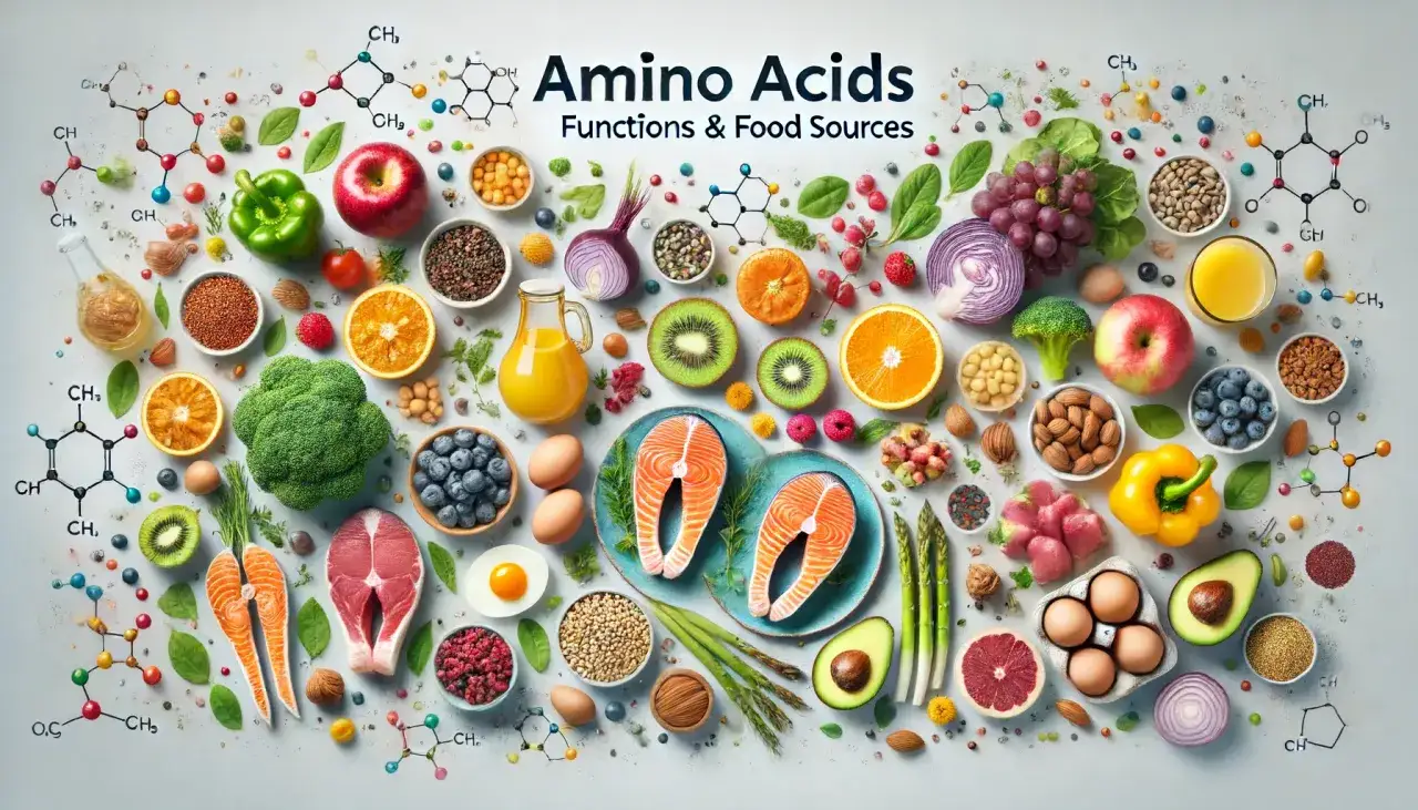 Fonti alimentari e funzioni degli aminoacidi essenziali: salmone, carne, uova, frutta, verdura e noci.