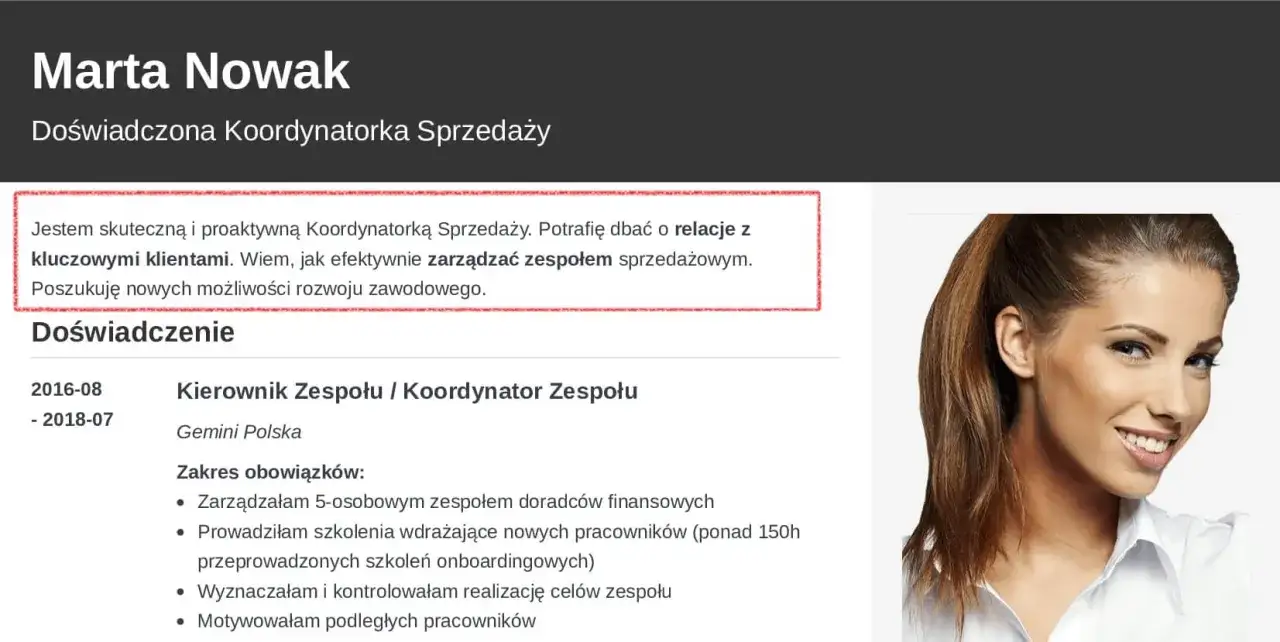 CV podsumowanie zawodowe przykład