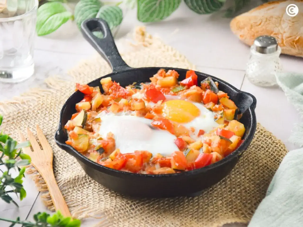 Pisto de calabacín con huevos en sartén. Un plato casero perfecto para aprender como hacer pisto de calabacín.