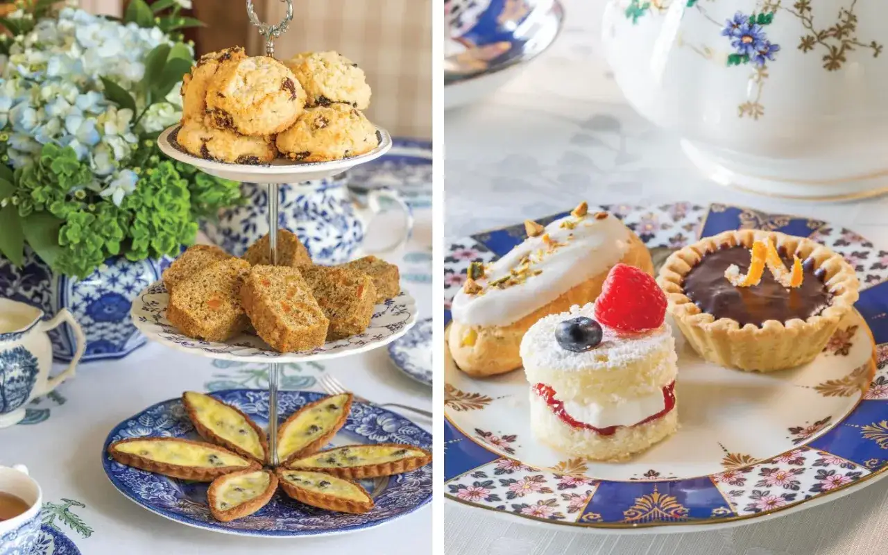 Deliciosa reposteria inglesa: scones, bizcochos, tartas y pastelitos adornan una mesa de t&eacute;.