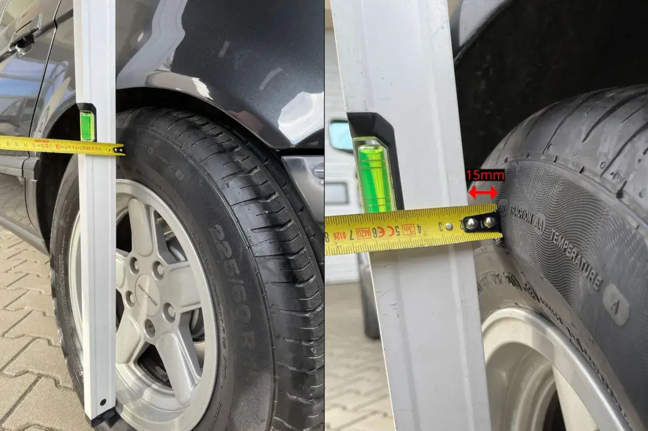Porównanie dystansów przed i po. Po lewej widać koło z miarką, po prawej pomiar 15mm.