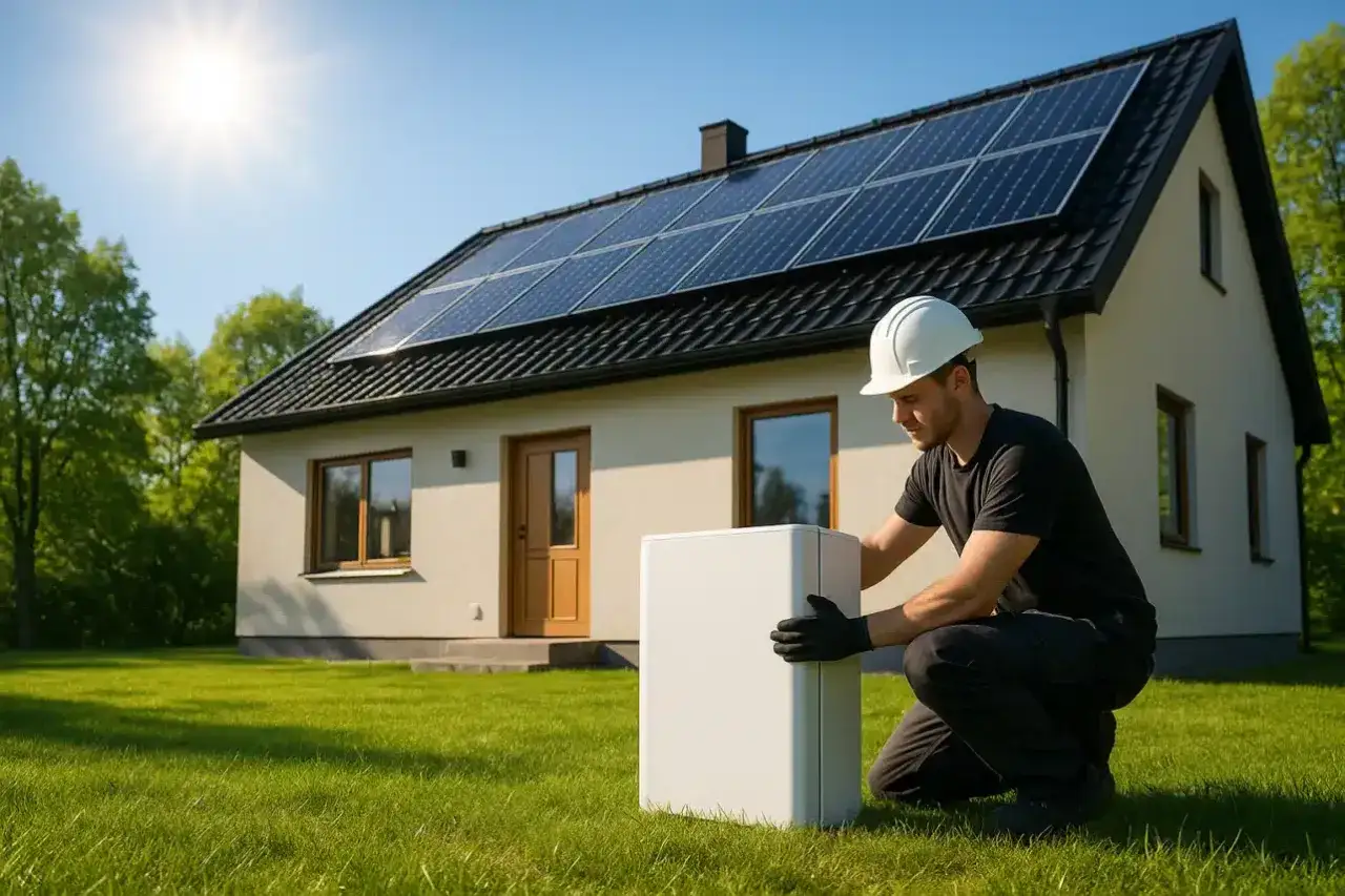 Installat&ouml;r med vit hj&auml;lm placerar en vit enhet vid ett hus med solceller p&aring; taket. En viktig del f&ouml;r solceller med eller utan batteri.