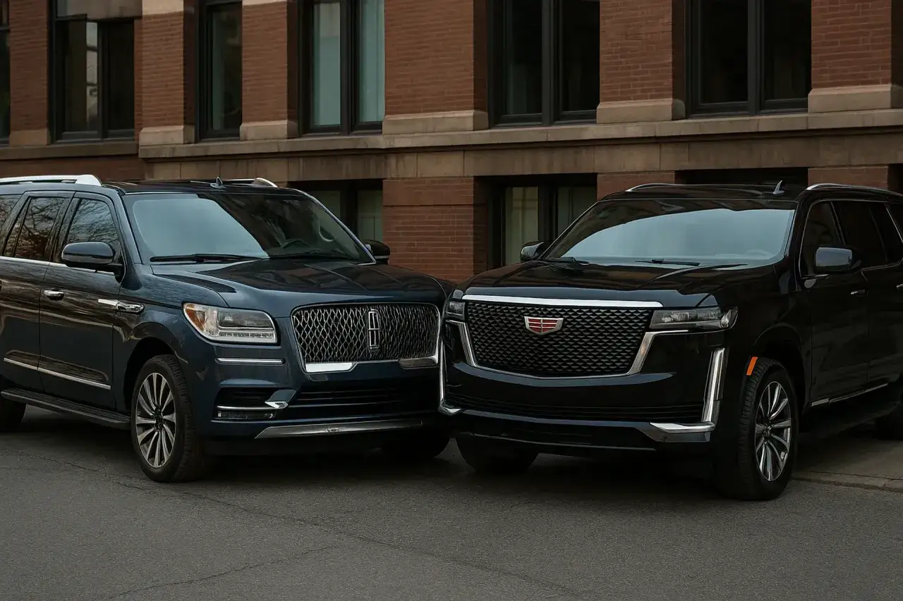 Dwa luksusowe SUV-y: granatowy Lincoln Navigator i czarny Cadillac Escalade, stoją obok siebie na ulicy.