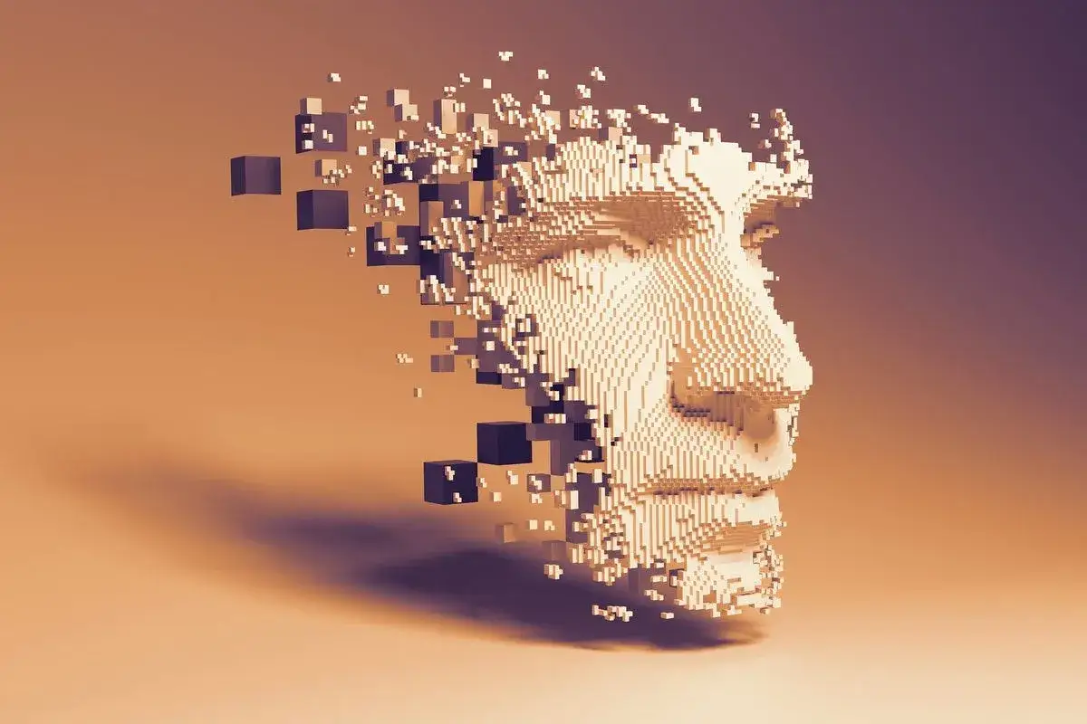 Ein Gesicht aus Pixeln zerfällt, ein Symbol für die digitale Welt und das ens domain.