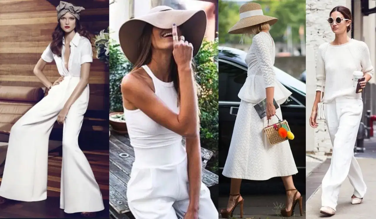 Modelli con outfit total white: pantaloni a zampa, completi eleganti e look casual chic con cappelli e accessori.
