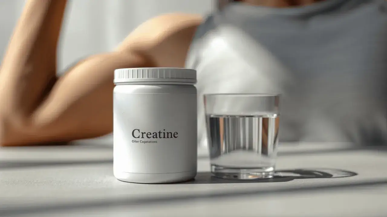 Bouteille de créatine monohydrate à côté d'un verre d'eau, avec un bras musclé en arrière-plan.