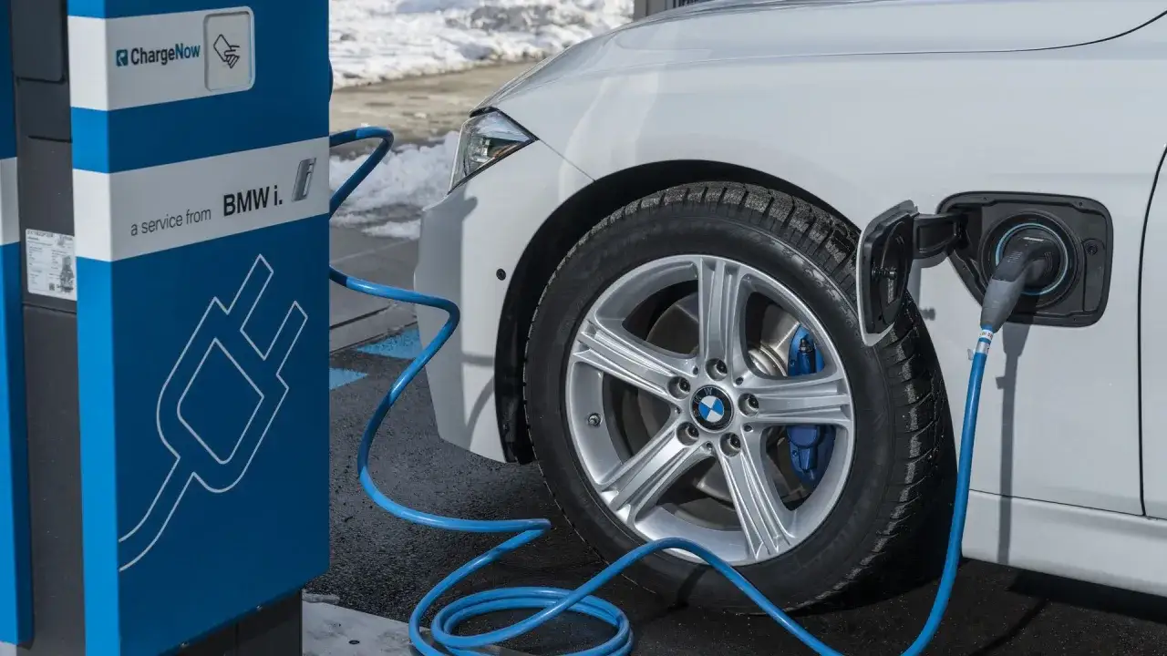 Białe BMW 330e podłączone do ładowarki ChargeNow.