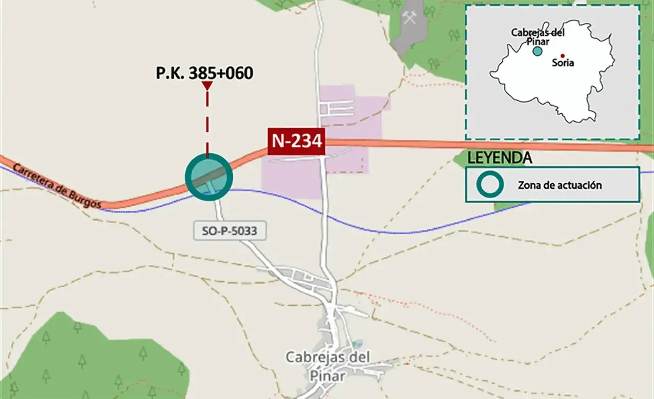 Mapa de la N-234 y SO-P-5033. Indica cómo llegar a Cabrejas del Pinar, Soria, con la zona de actuación marcada en la carretera.