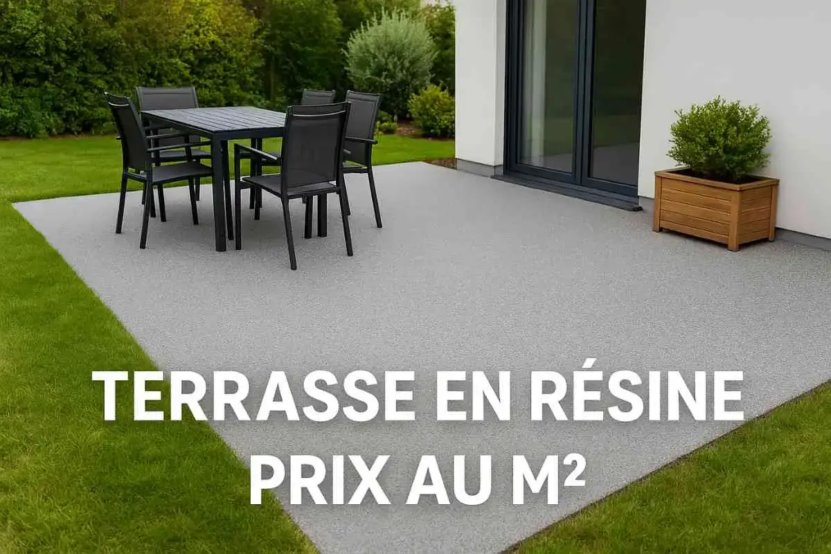 Table et chaises sur une terrasse en résine moderne. Découvrez le prix au m2 pour votre projet d'aménagement extérieur.