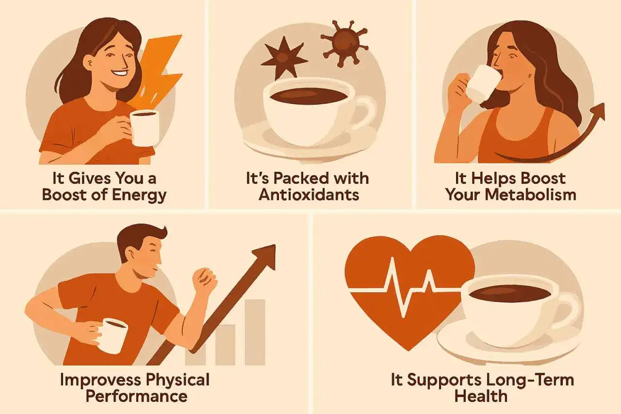 Plusy picia kawy: energia, antyoksydanty, metabolizm, wydajność fizyczna i zdrowie.