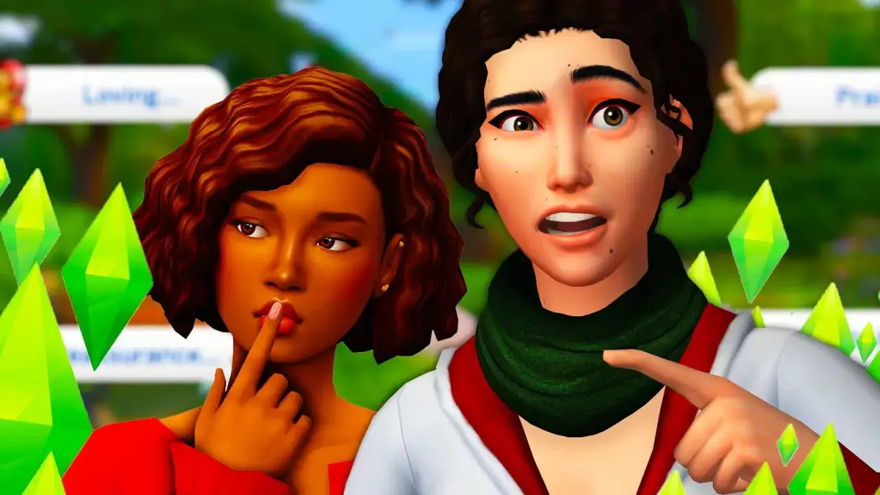 Dwie Simki z The Sims 4, jedna z palcem na ustach, druga wskazuje palcem. Czy to najlepsze mody do The Sims 4?