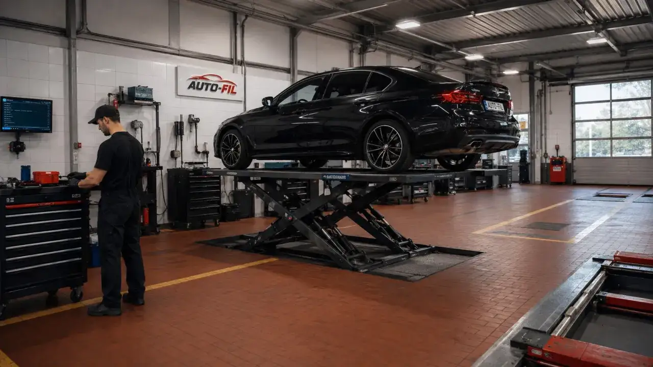 Mechanik przygotowuje się do wymiany oleju w skrzyni biegów czarnego BMW na podnośniku w warsztacie AUTO-FIL.