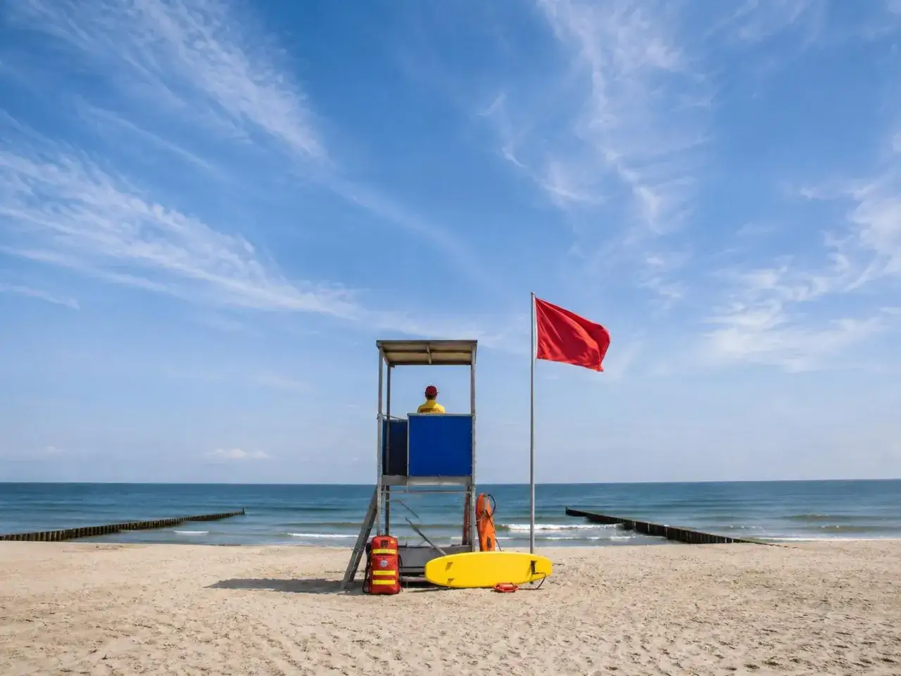Ratownik na posterunku, czerwona flaga ostrzega przed niebezpieczeństwem. Kolory flag na plaży: czerwony, żółty i niebieski.