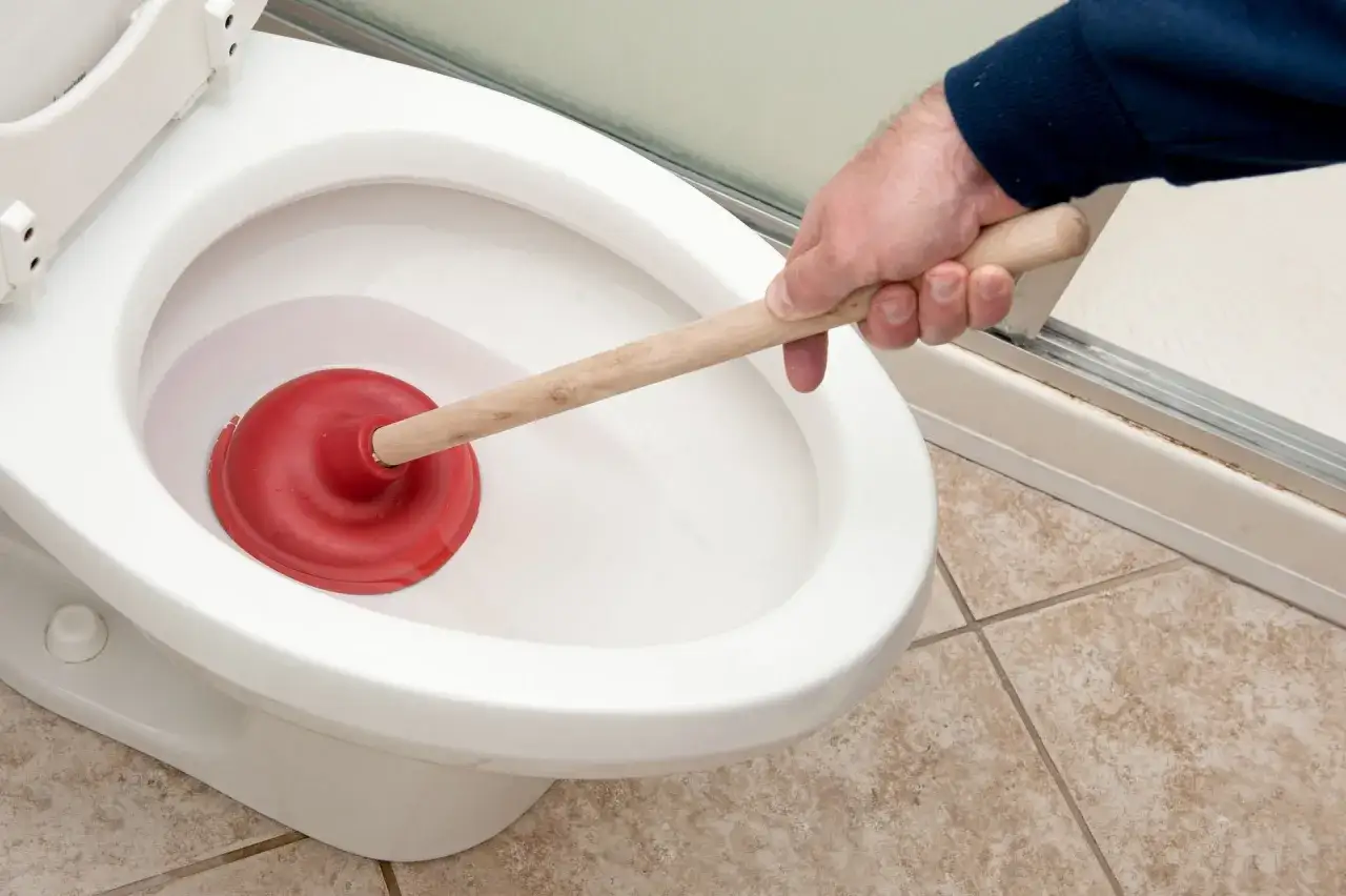 Hand uses red plunger in white toilet bowl. The toilette verstopft immer wieder, a common household problem.