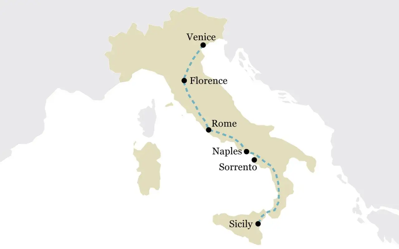 Map showing a dashed line connecting Venice, Florence, Rome, Naples, Sorrento, and Sicily, outlining a classic Italy itinerary.