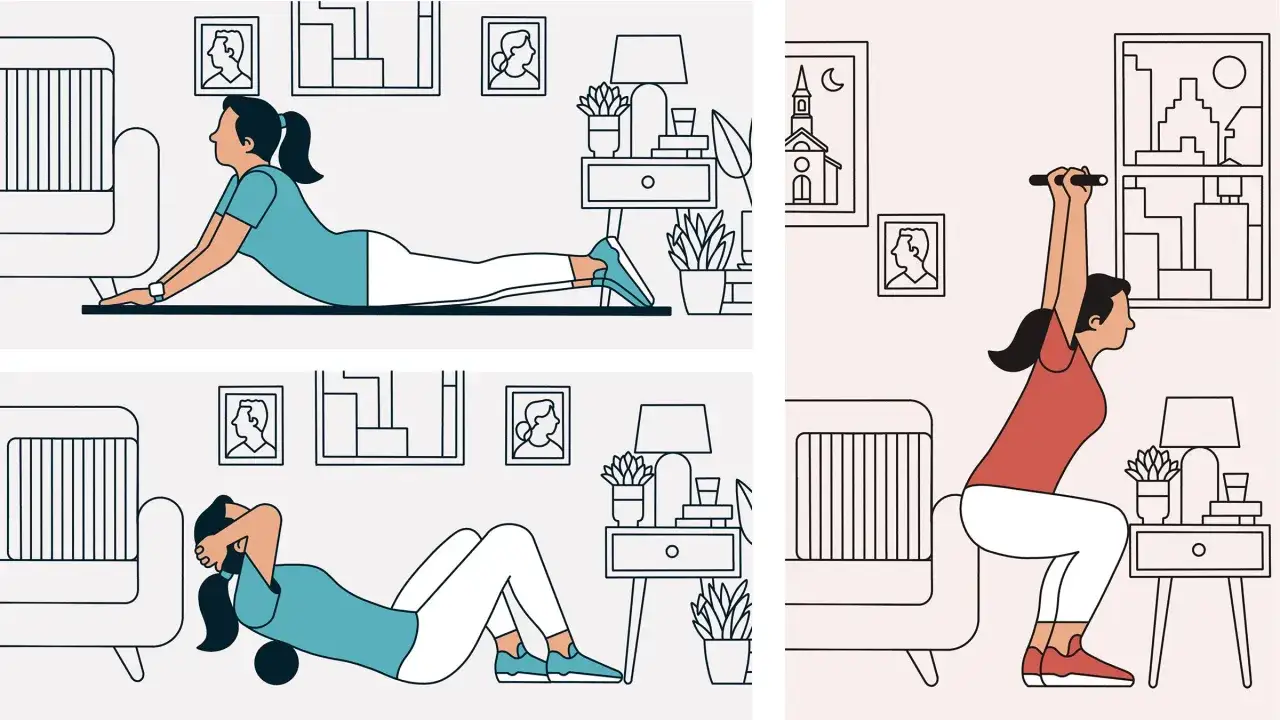 Donna esegue esercizi a casa: cobra, stretching con rullo e squat. Mantenere una postura dritta &egrave; fondamentale per il benessere.