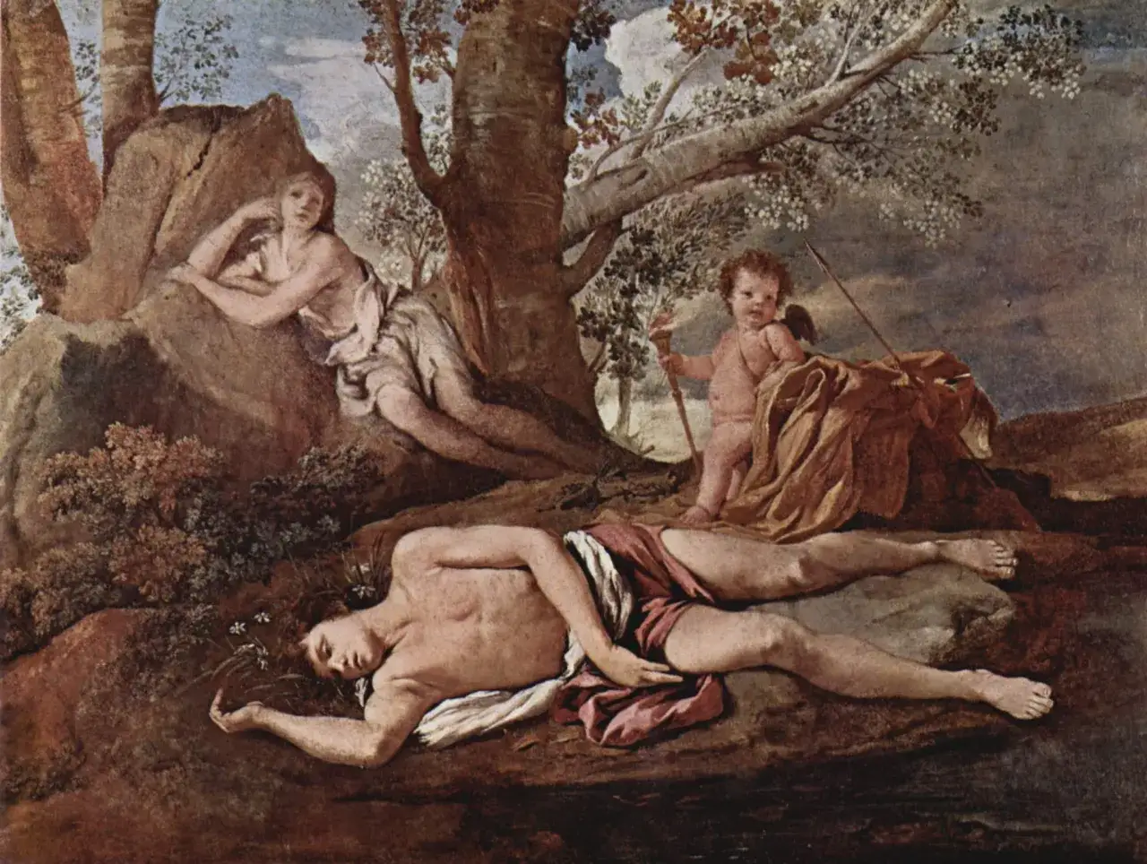 Une femme, Narcisse endormi, et Cupidon dans une scène inspirée de l'écho mythologie.
