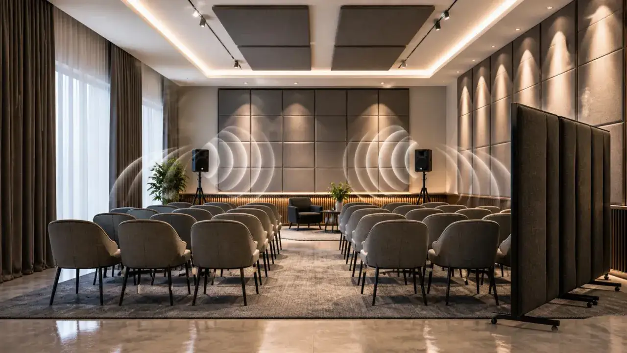 Nowoczesna sala konferencyjna z wygodnymi fotelami i panelami akustycznymi. Dźwięk rozchodzi się od głośnik&oacute;w, tworząc efekt pogłos inaczej.