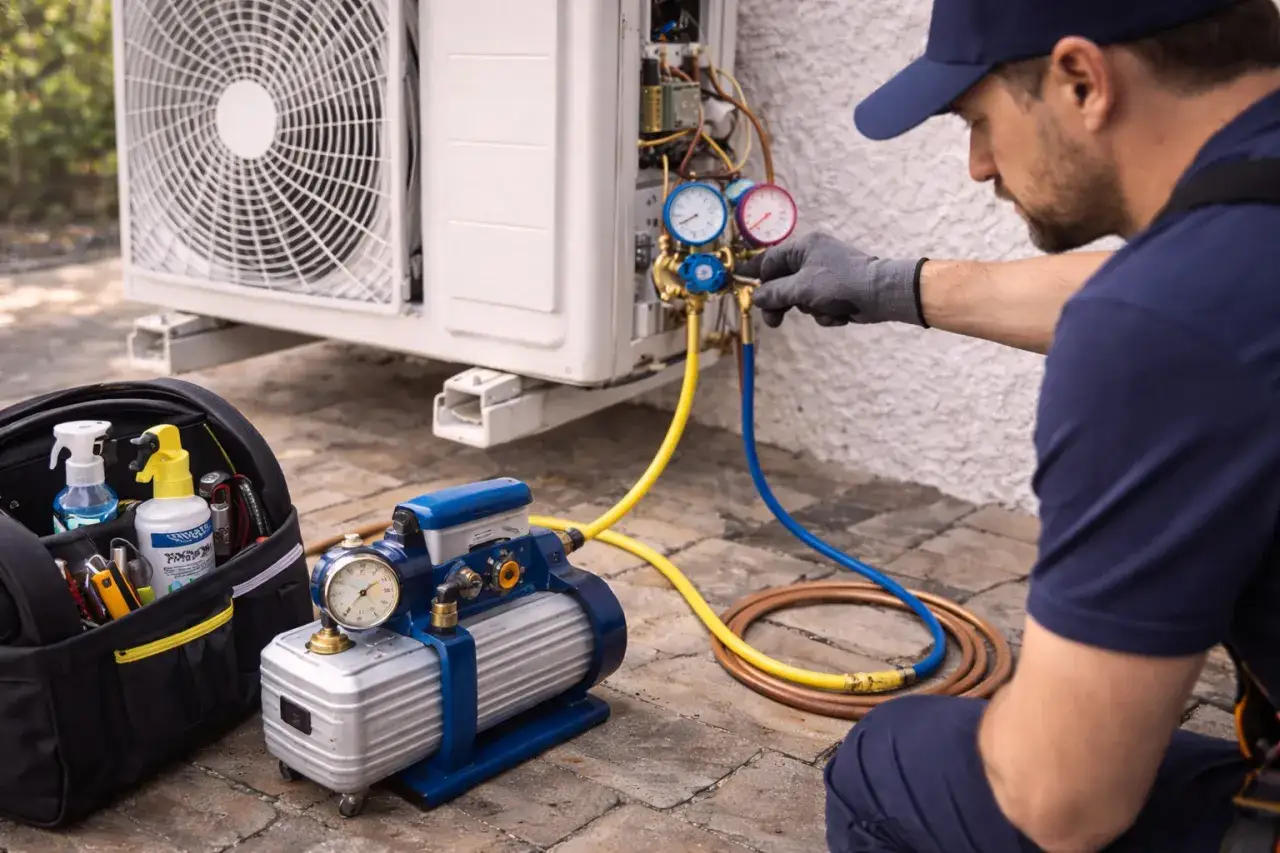 Technicien vérifiant la pression d'une clim. Il utilise un manomètre pour savoir comment purger une clim sans pompe à vide.