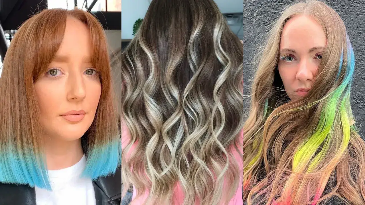 Tres estilos de cabello de colores: puntas azules vibrantes, mechas rubias y mechones ne&oacute;n arco&iacute;ris.
