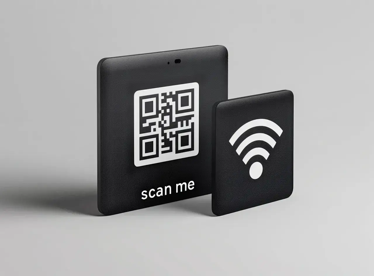 Skanuj kod QR, aby uzyskać hasło do internetu. Obok symbol Wi-Fi.