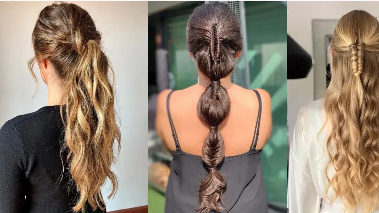 Peinados f&aacute;ciles para bodas pelo largo: coleta baja con trenza, cola de burbujas y media coleta trenzada.