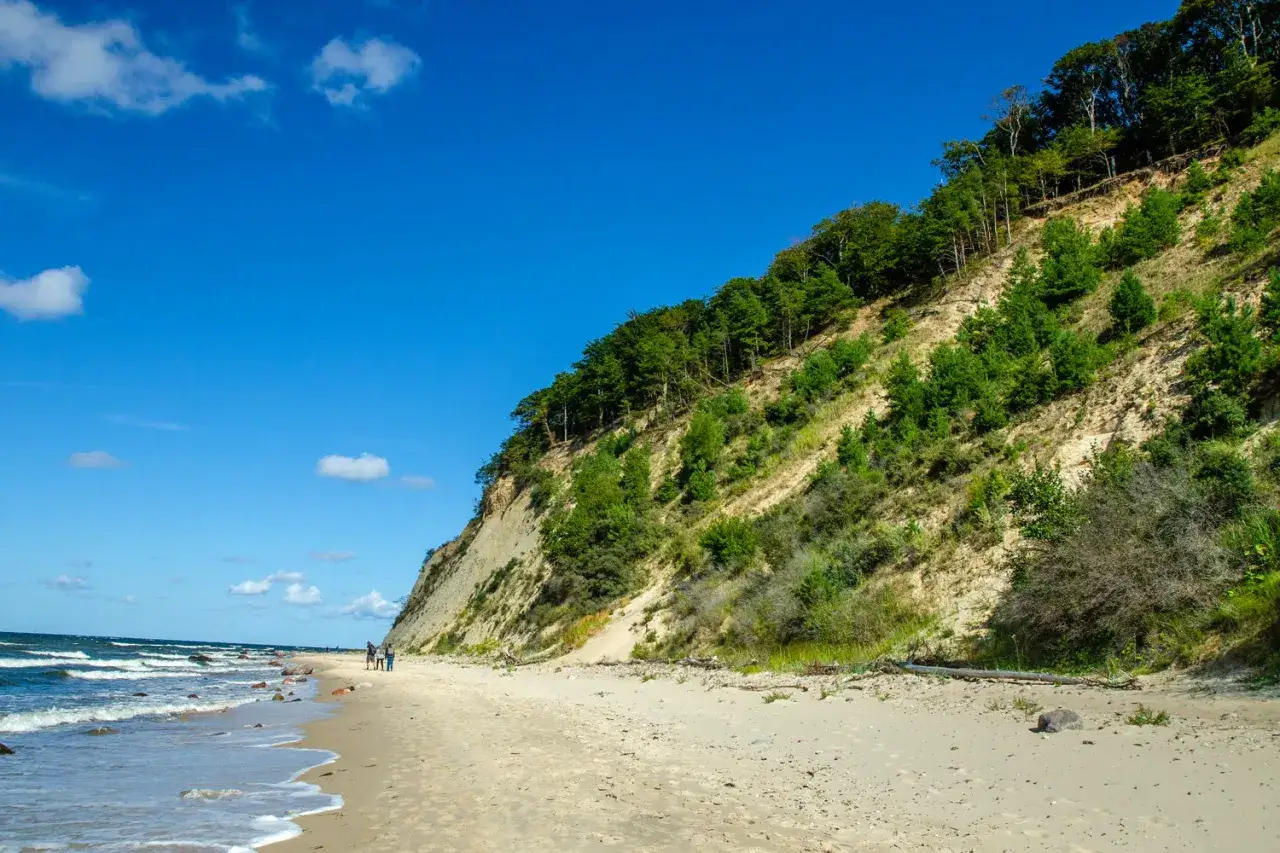 Piękna plaża i klif porośnięty lasem to jedne z wielu międzyzdrojskich atrakcji. Spacerowicze podziwiają widok.