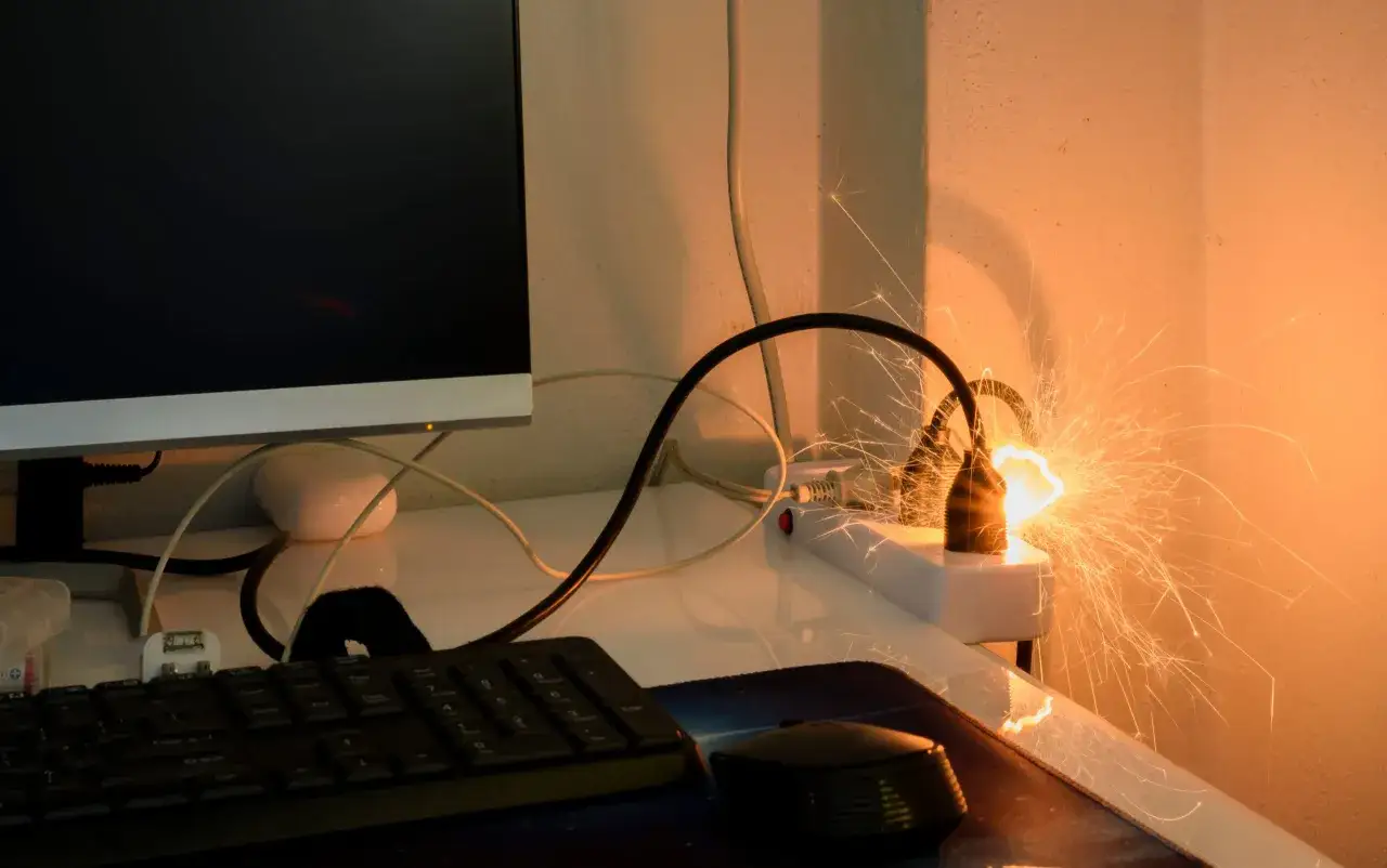 Funken sprühen aus einer Steckdosenleiste, ein Beispiel, wie entsteht ein kabelbrand. Ein schwarzes Kabel ist angeschlossen.