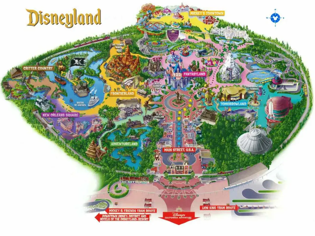 Mapa Disneyland, w jakim kraju jest Disneyland? W Stanach Zjednoczonych, w Kalifornii. Park podzielony na krainy: Fantasyland, Tomorrowland, Frontierland, Adventureland, New Orleans Square, Critter Country i Mickey's Toontown.