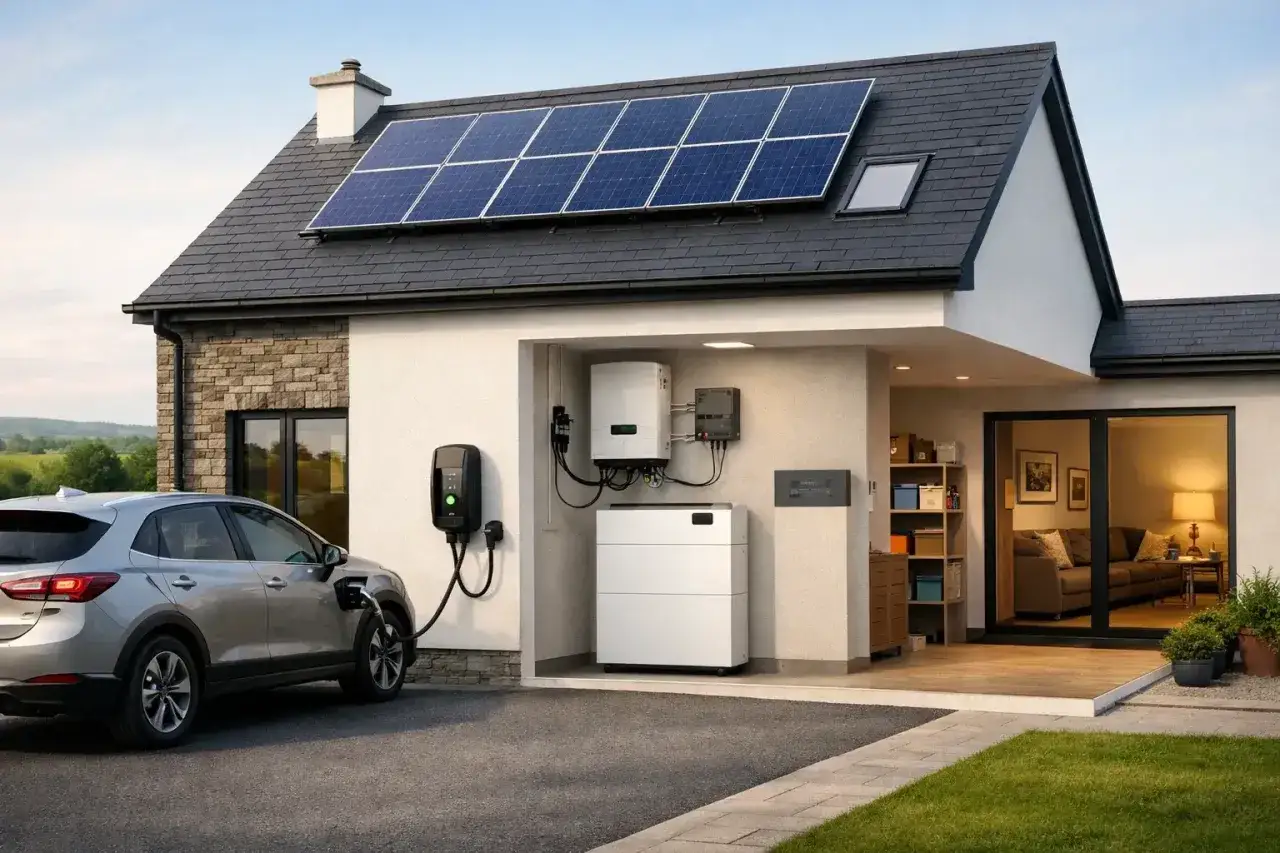 Haus mit Solaranlage auf dem Dach, Ladestation f&uuml;r E-Auto und Batteriespeicher. Perfekt f&uuml;r den eeg eigenverbrauch.