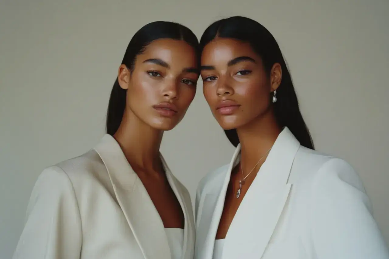 Dos modelos con piel radiante y cabello oscuro, luciendo trajes blancos. Un estilo clean girl que irradia elegancia y naturalidad.