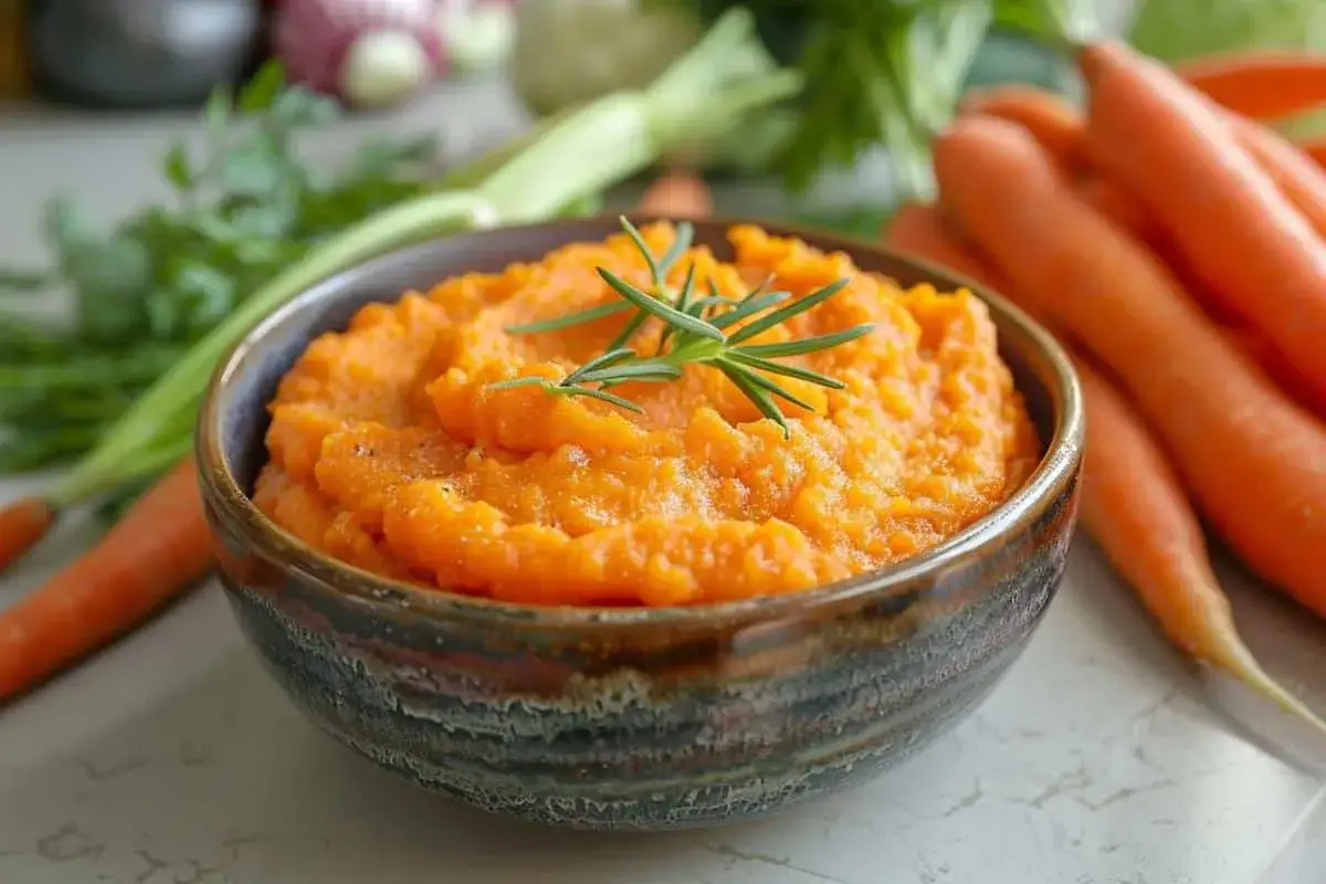 Un bol de pur&eacute;e de carotte onctueuse, garni d'une branche de romarin frais, avec des carottes crues en arri&egrave;re-plan.